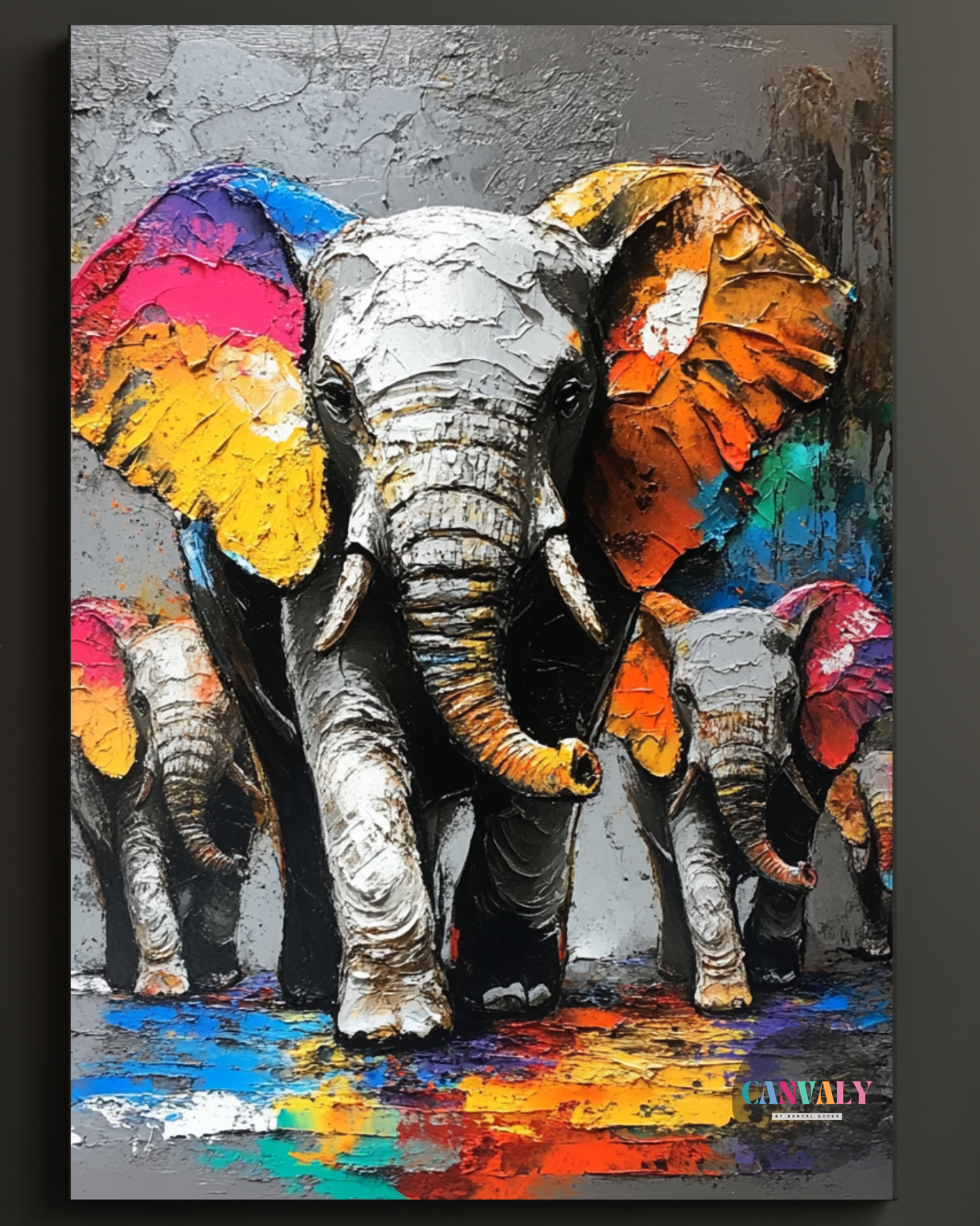 Colorful abstract painting of elephants on a textured gray background
