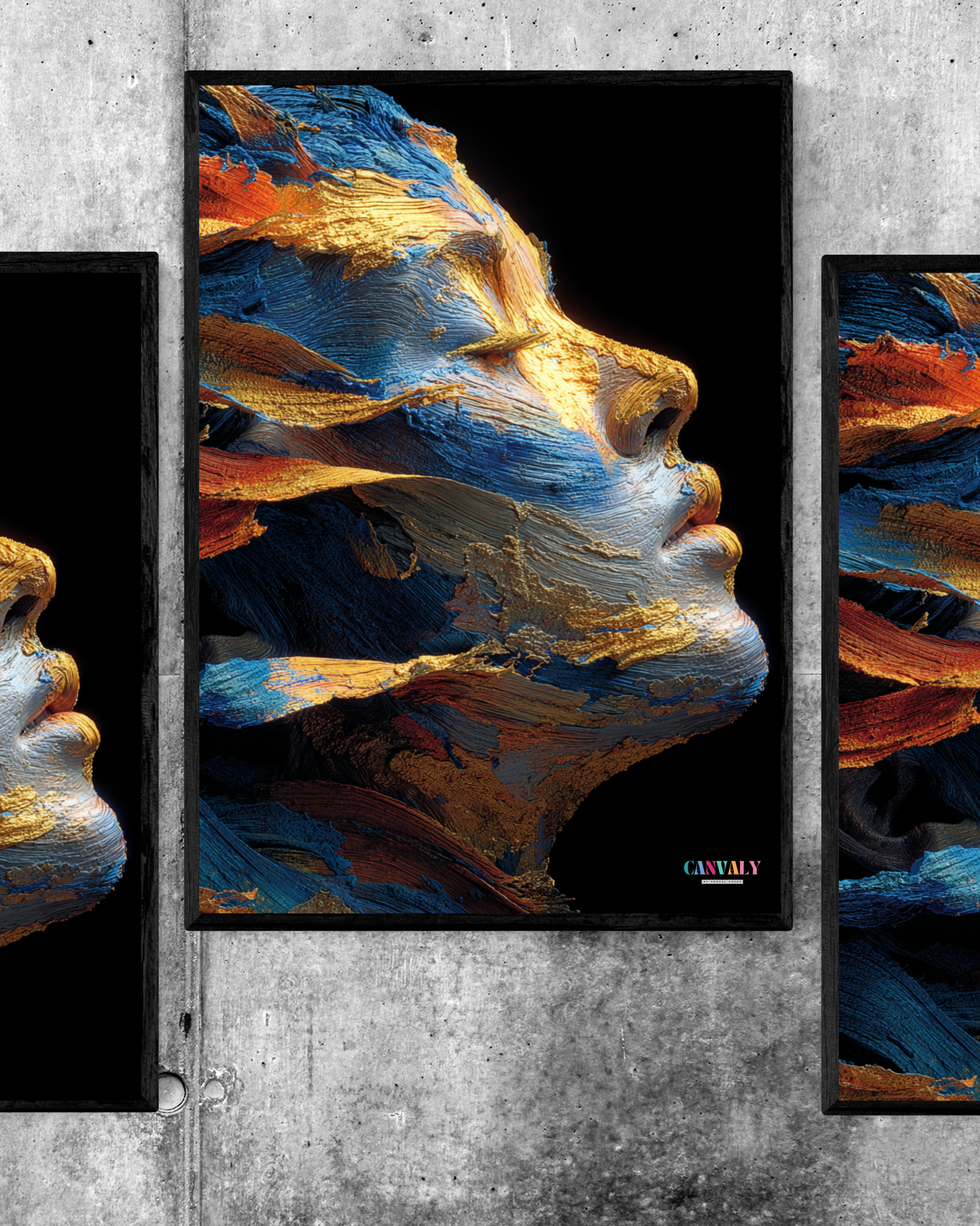 Artistic depiction of a face with blue and orange colors on a concrete wall.