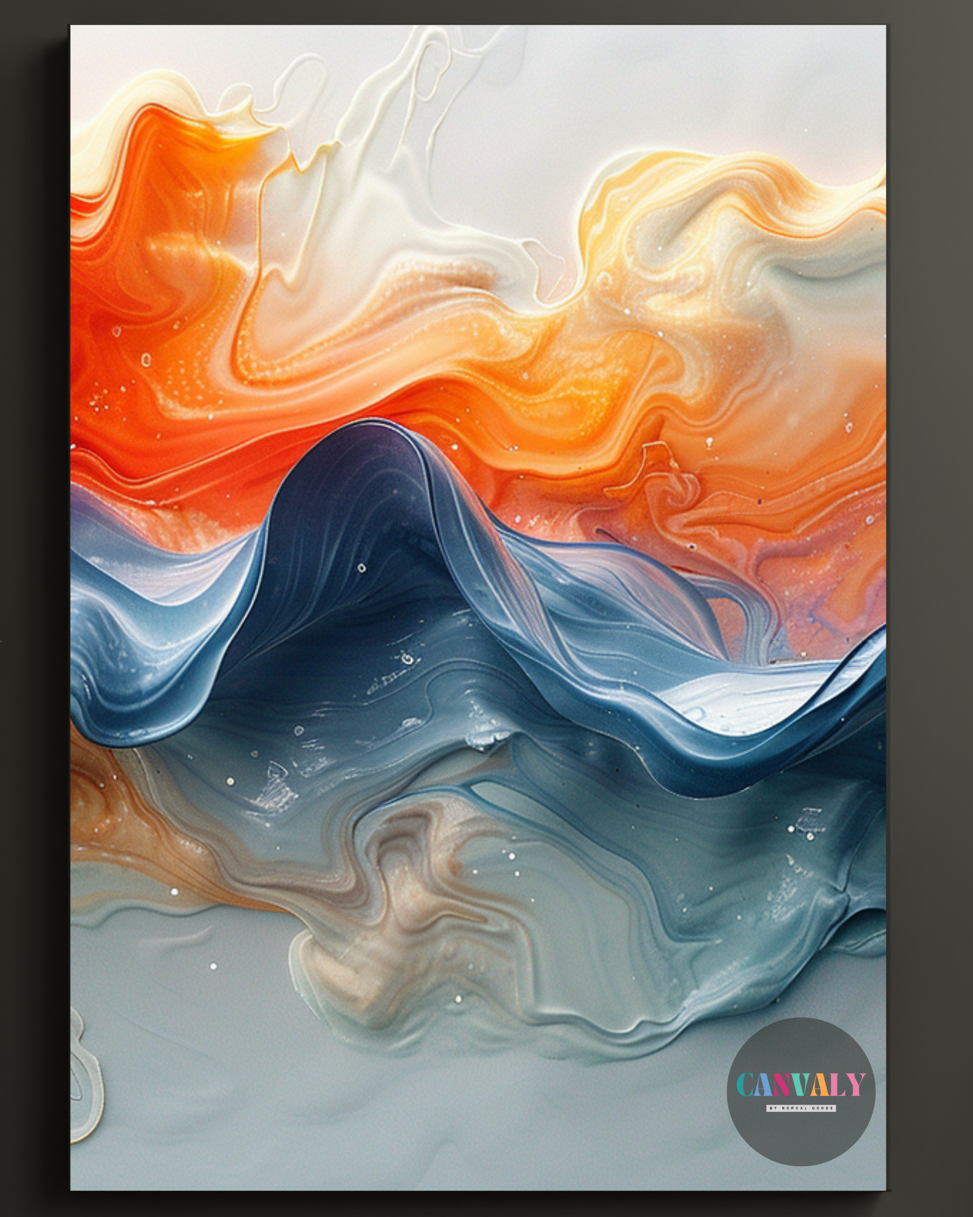 Abstract art print with wavy color patterns in orange, blue, and white on a gray background.