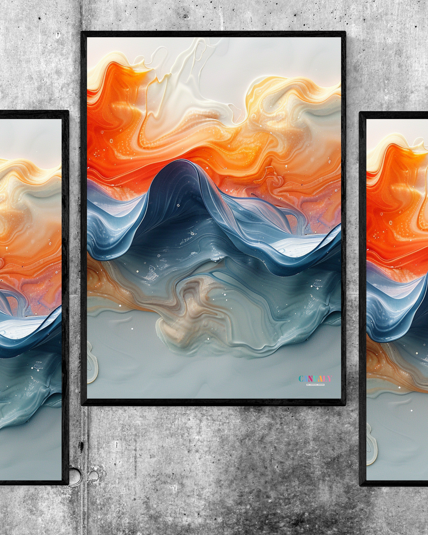 Framed abstract art piece with swirling colors on a concrete wall.