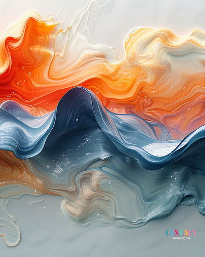 Abstract art with wavy patterns in orange, blue, and white on a light gray background.