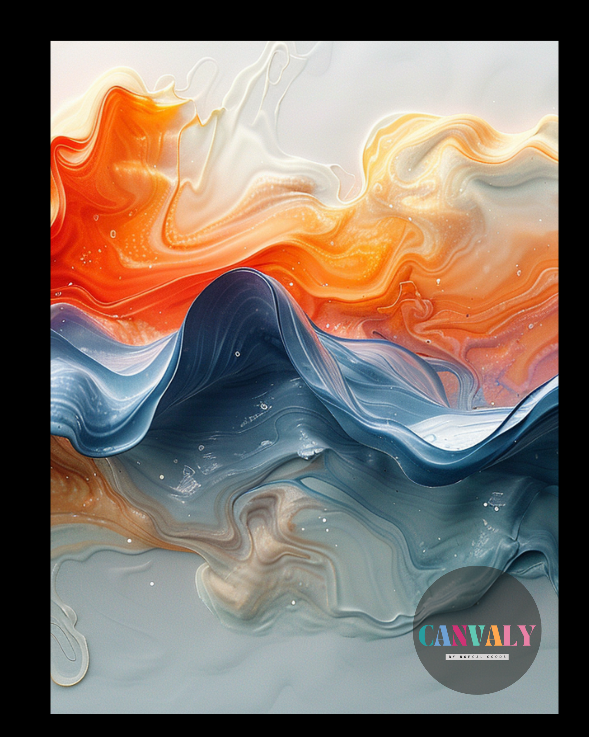 Abstract art with wavy patterns in orange, blue, and white on a white background, featuring the brand 'CANVALY'.