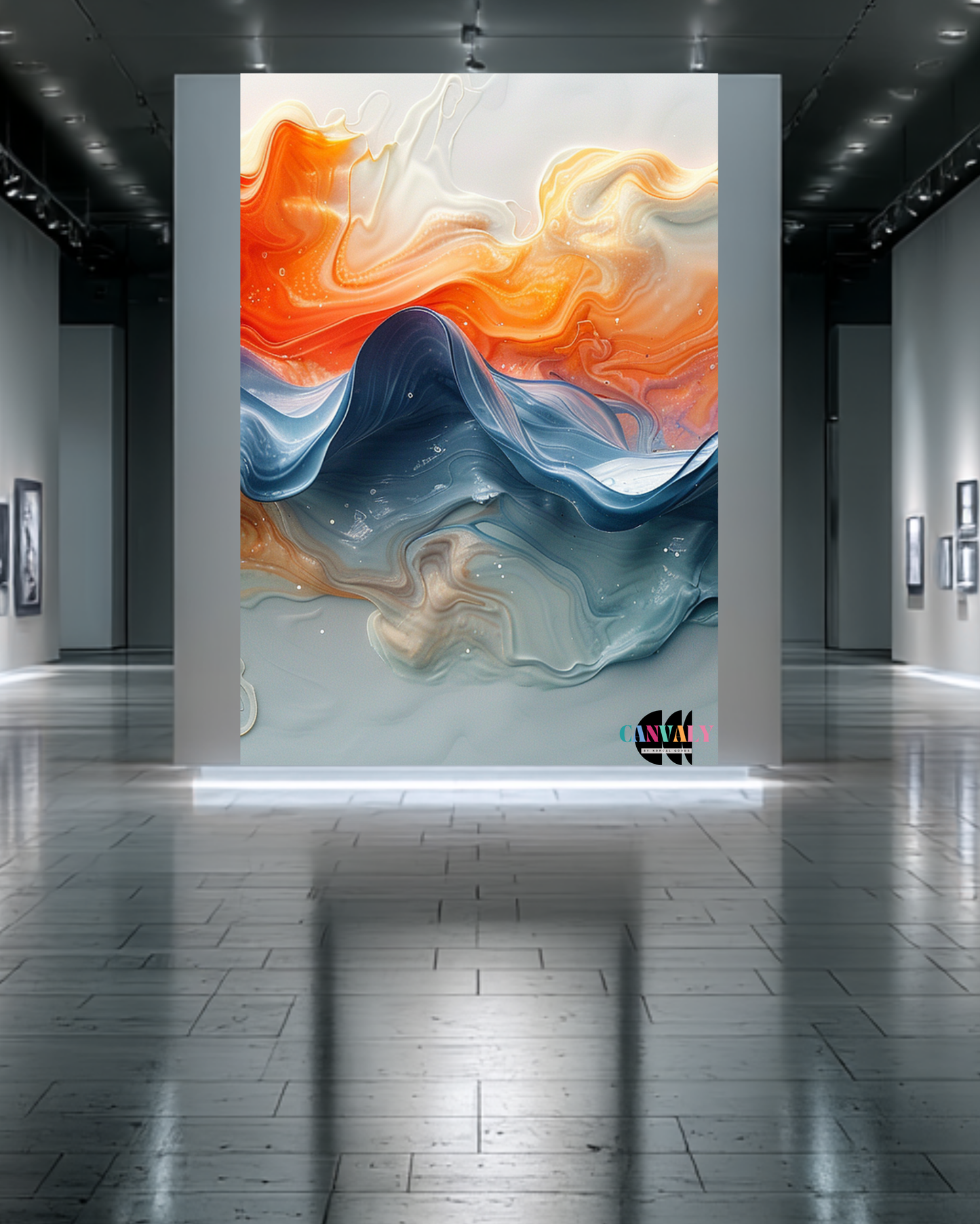 Abstract art piece in a gallery setting with warm and cool colors.