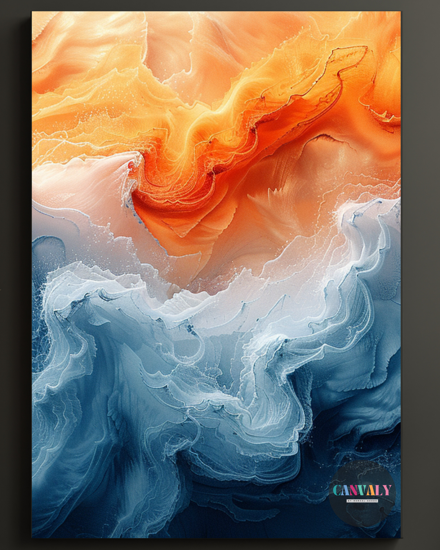 Abstract artwork with orange, white, and blue colors on a dark background