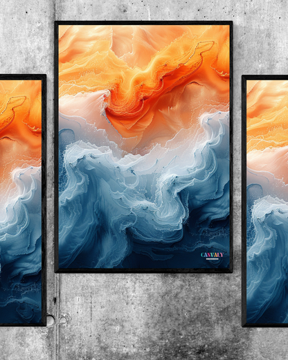 Three abstract art pieces with orange, blue, and white colors on a concrete wall.