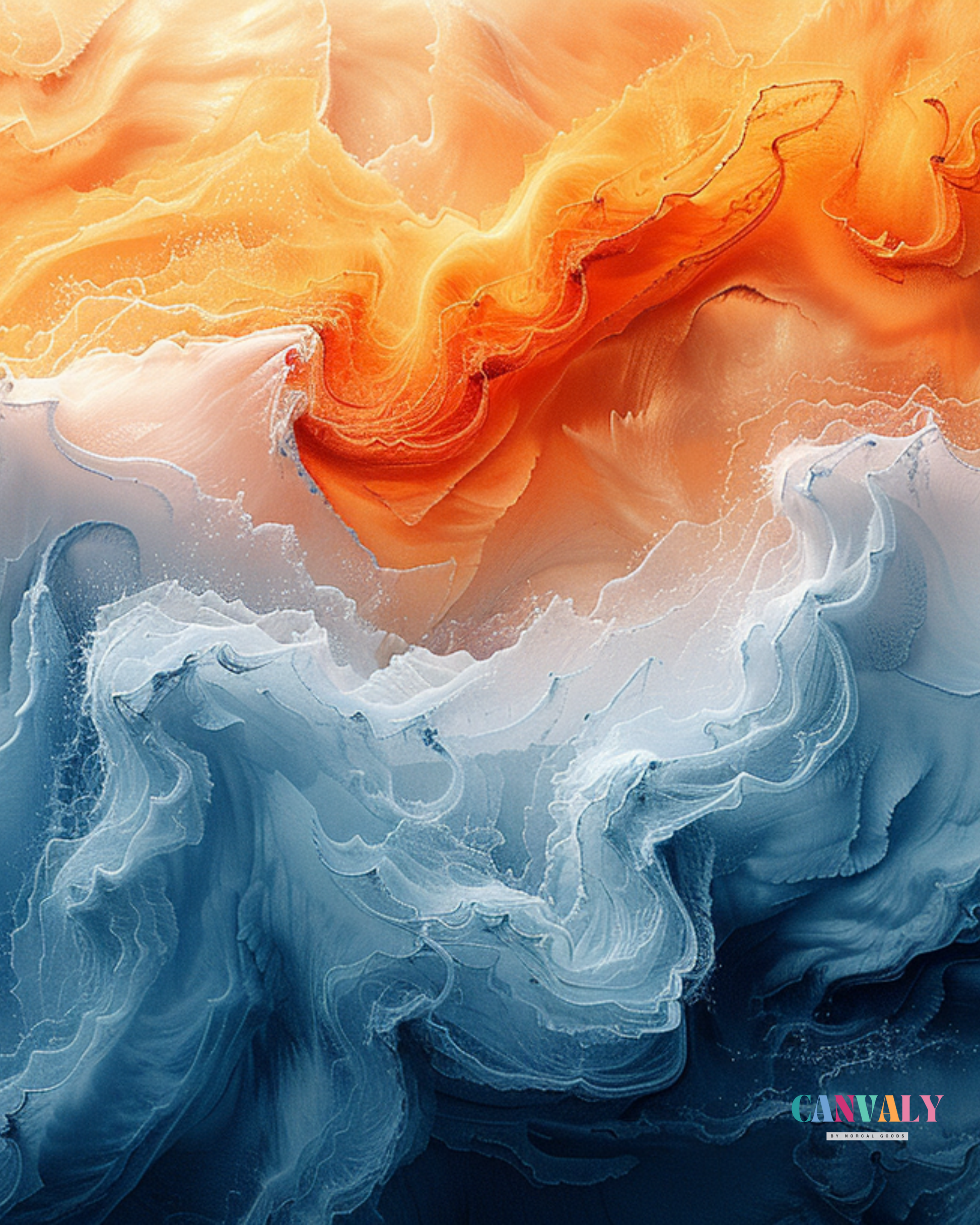 Abstract artwork with orange, blue, and white colors