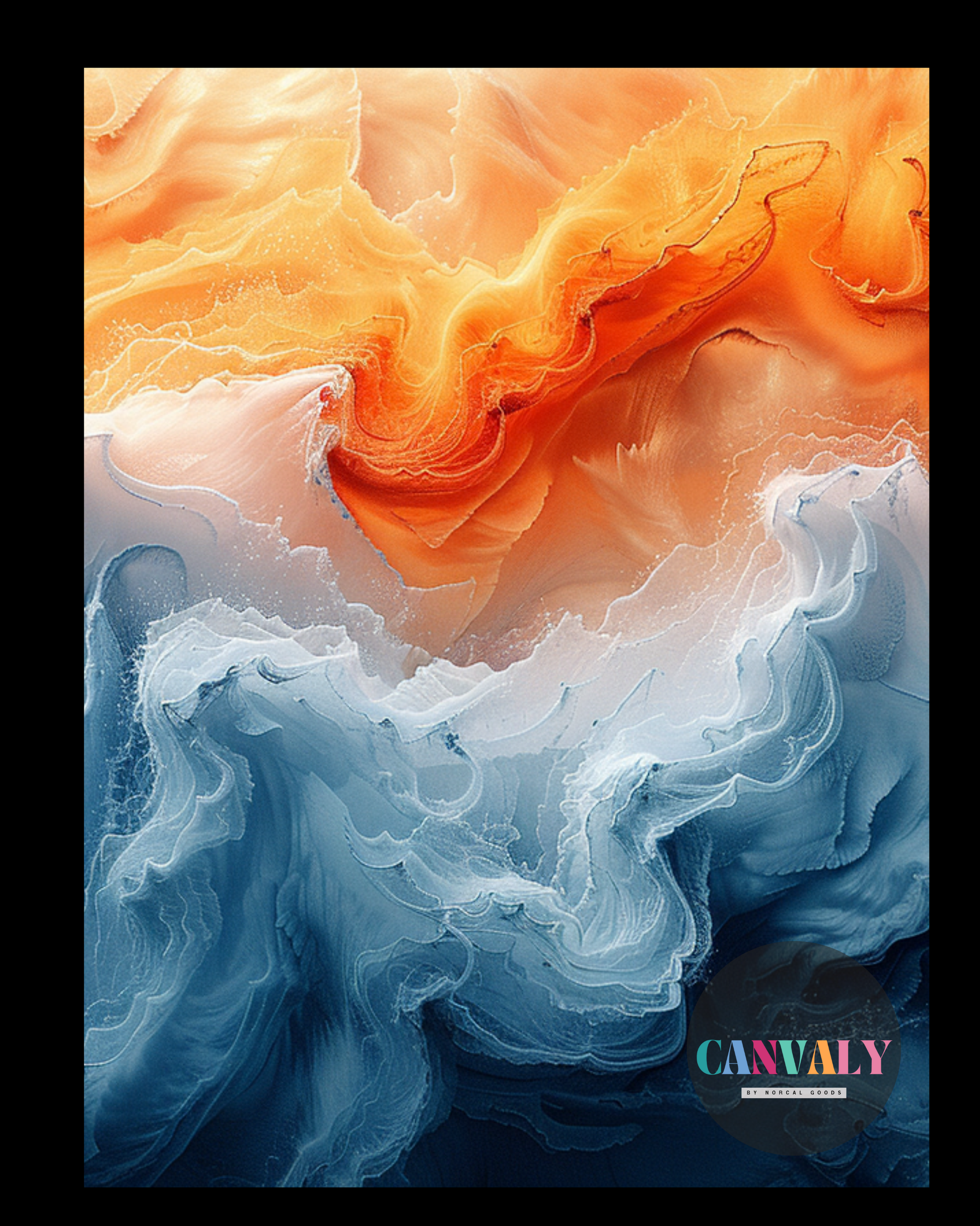 Abstract artwork with orange and blue colors on a black background, featuring the brand 'CANVA'.