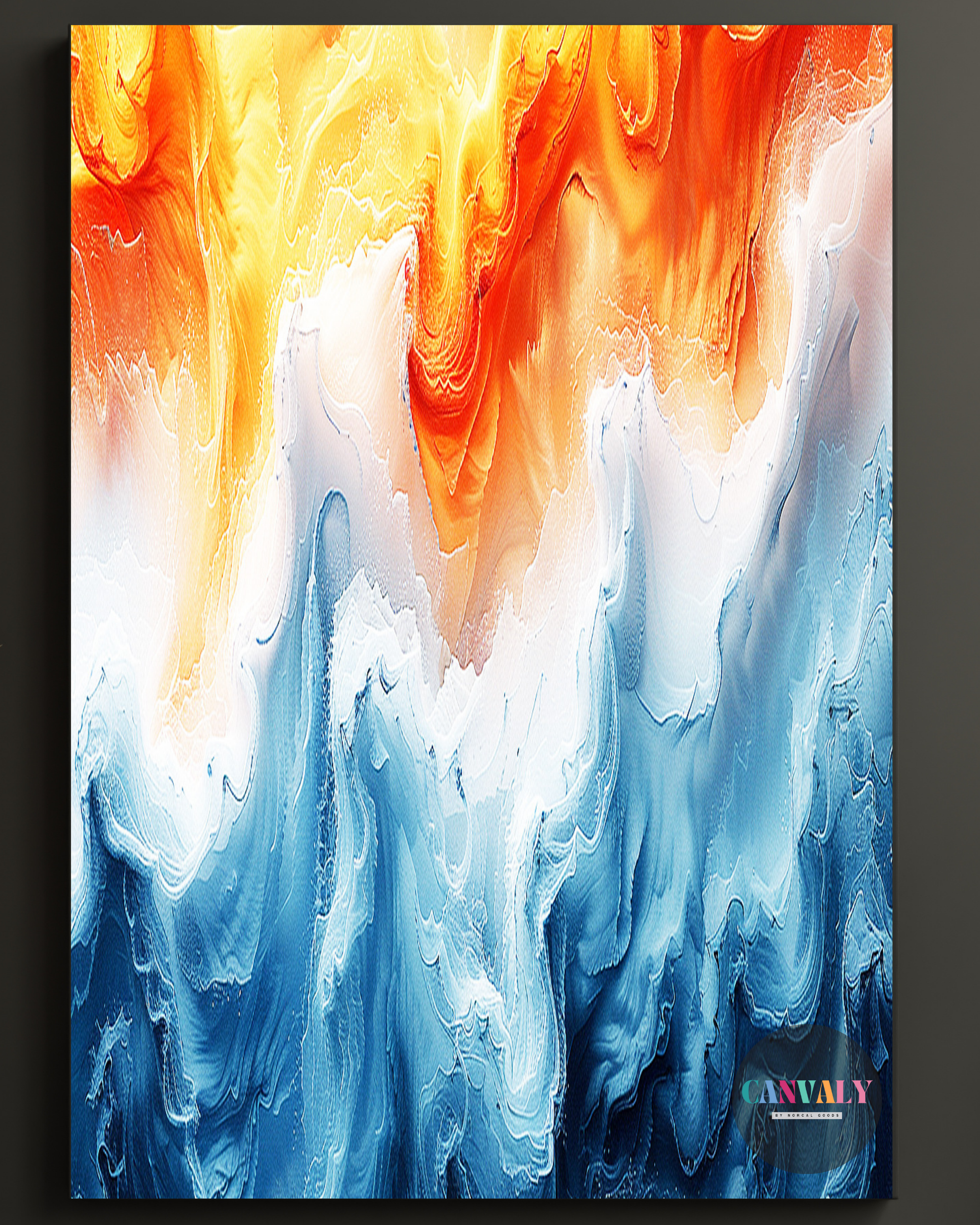 Abstract artwork with swirling colors of orange, white, and blue on a dark background.