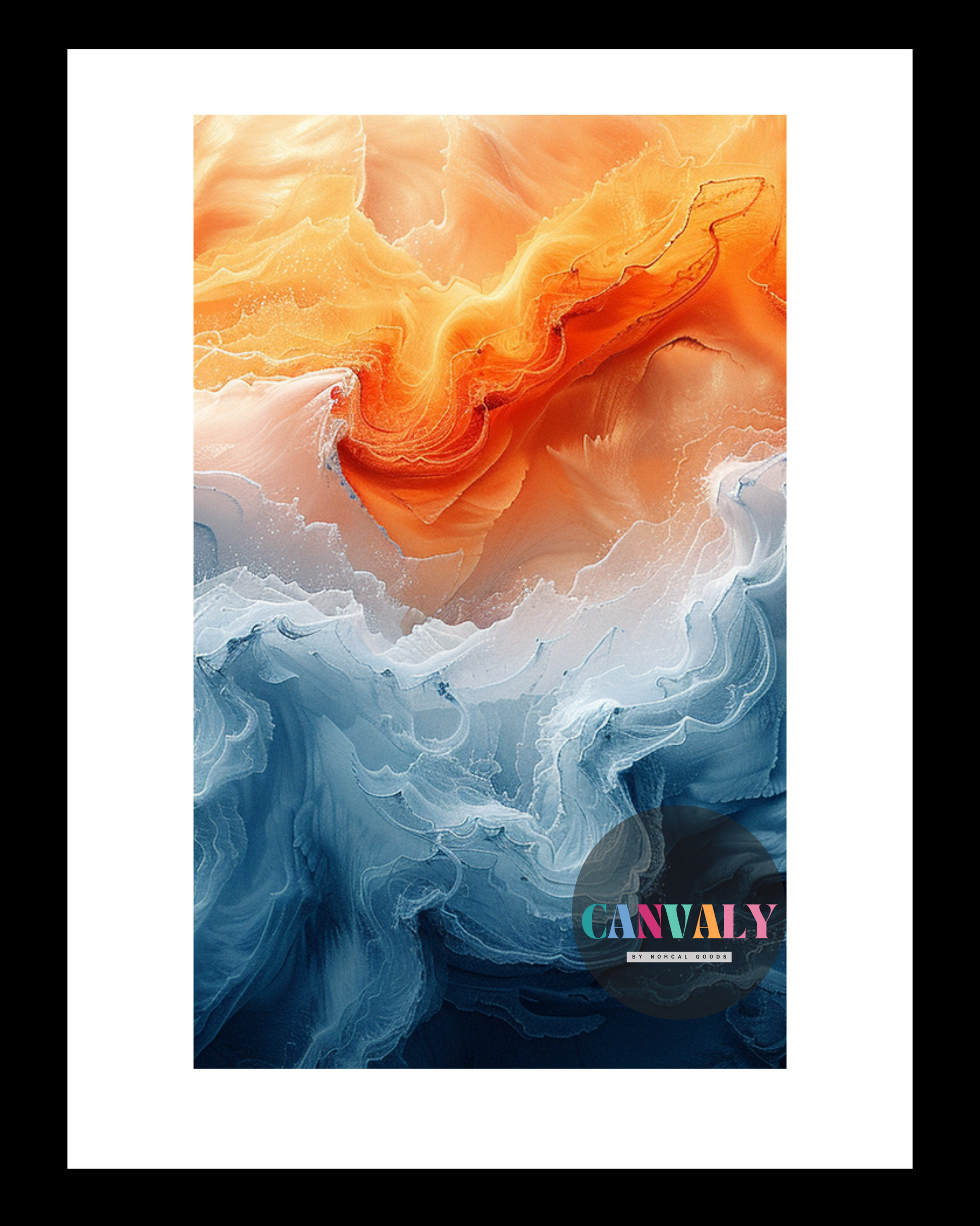 Abstract artwork with orange and blue hues on a white background, featuring the Canvally logo.