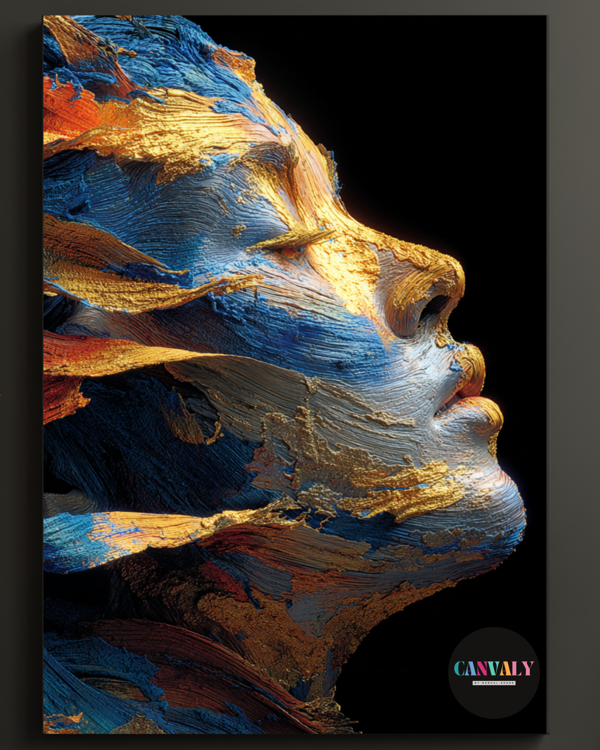 Abstract painting of a face with gold, blue, and orange hues on a black background.