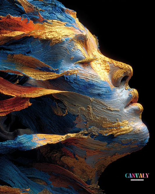 Abstract art of a face with textured colors on a black background, featuring the brand 'CANVA'.