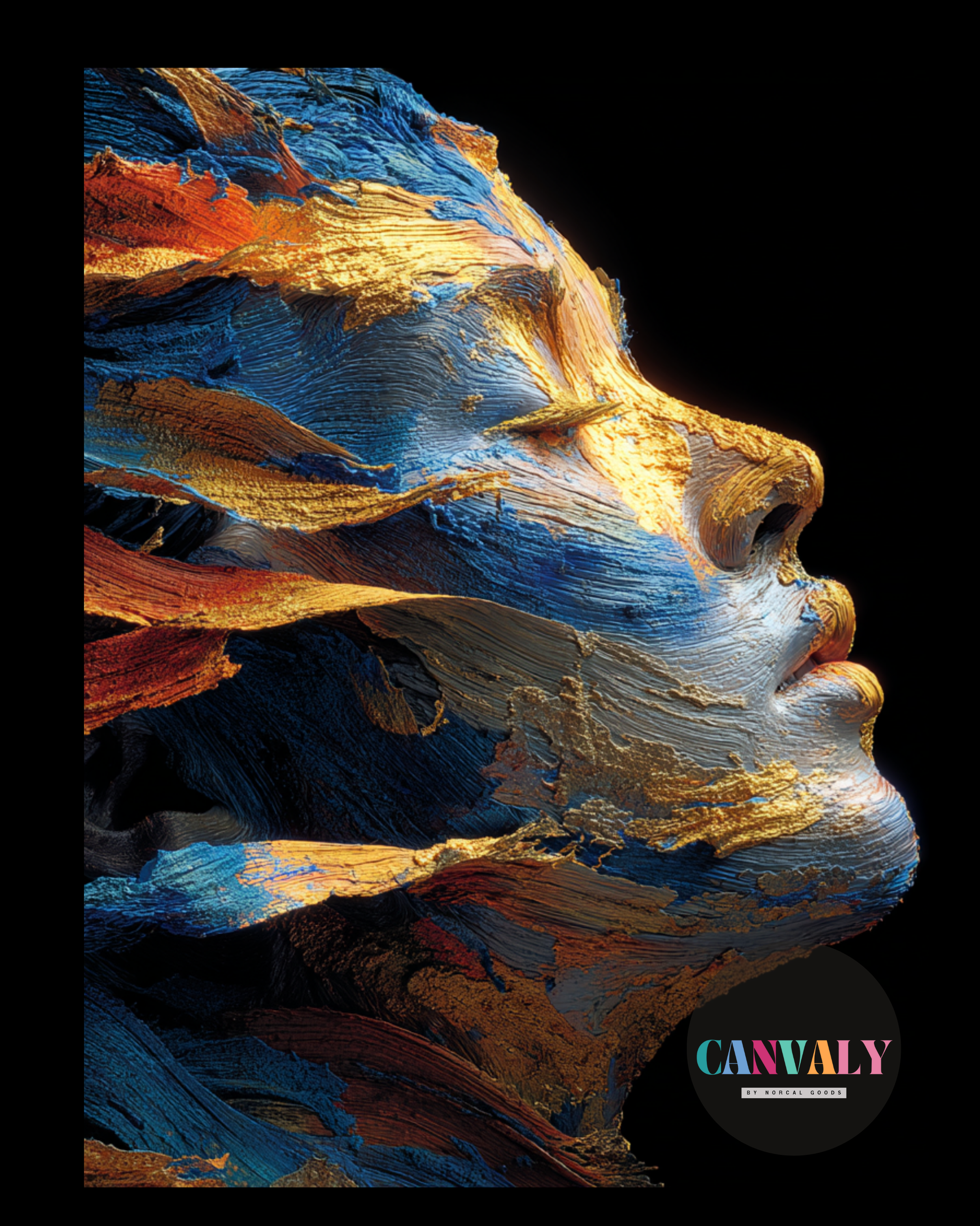 Abstract art of a face with textured colors on a black background, featuring the Canvally logo.