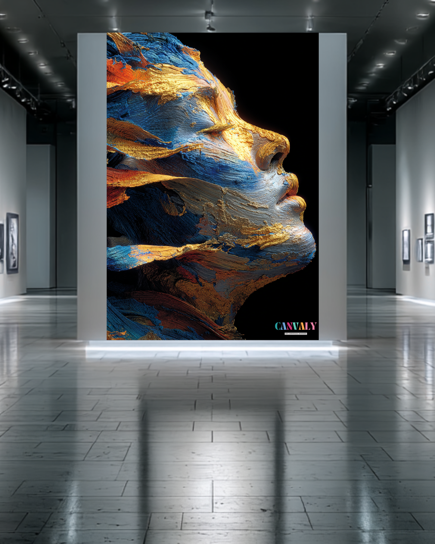 Abstract art of a face with vibrant colors in an art gallery setting