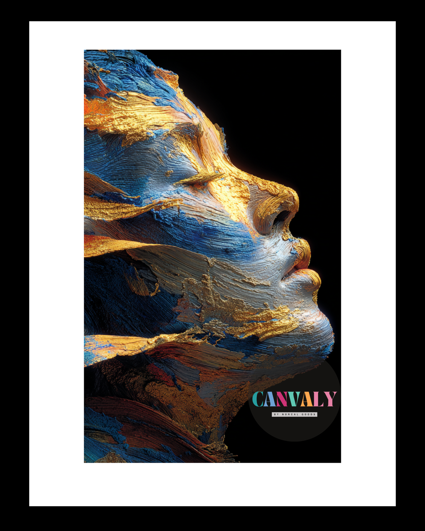 Framed artwork of a stylized face with abstract colors and 'CANVALY' branding.