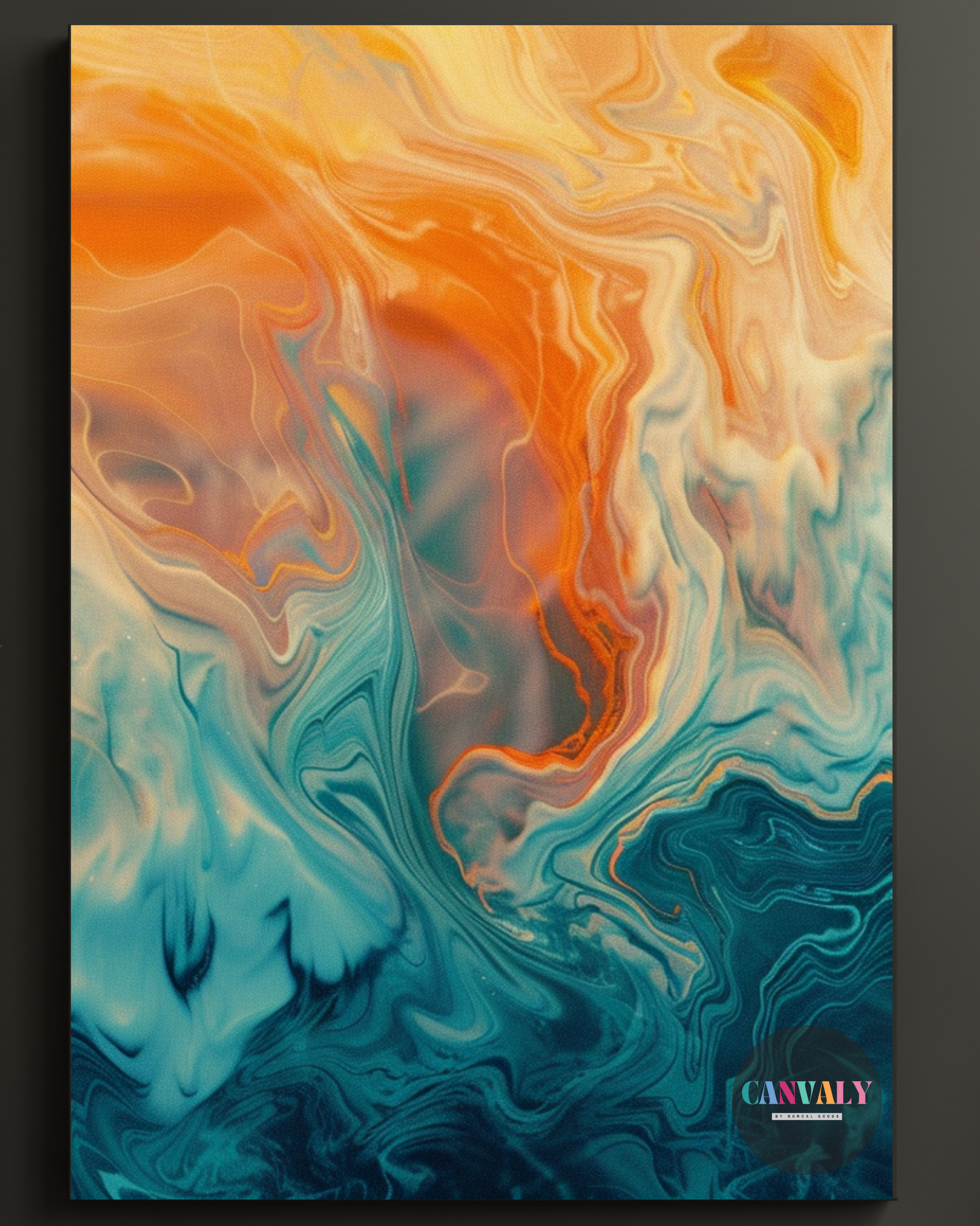 Abstract art canvas with swirling colors and 'Canvas' branding.