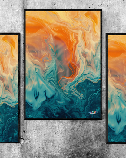 Abstract art pieces in orange and blue on a concrete wall