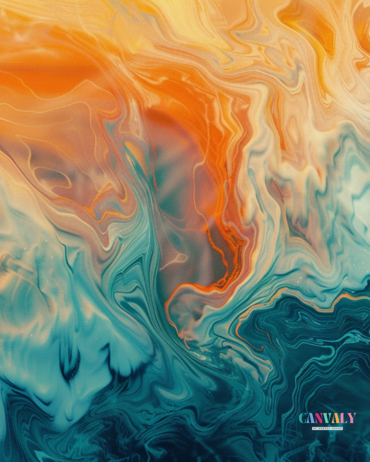 Abstract artwork with swirling colors of orange, blue, and white on a textured surface.