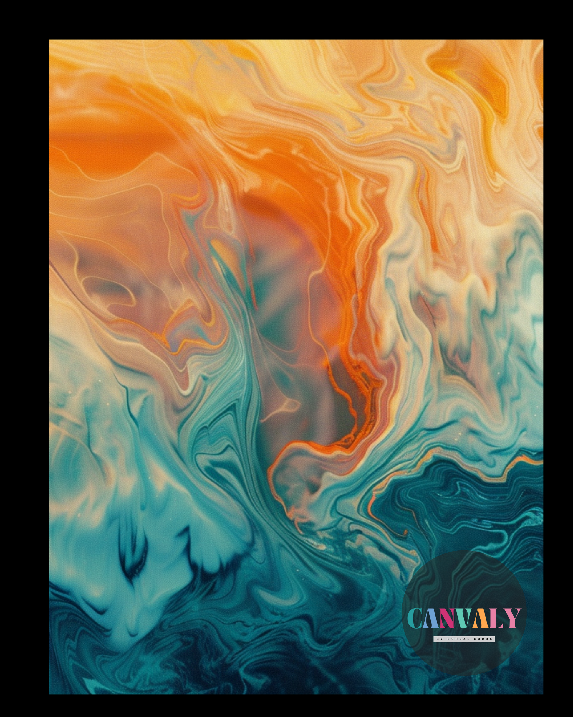 Abstract art print with swirling orange and blue colors on a black border, featuring the Canvally brand.