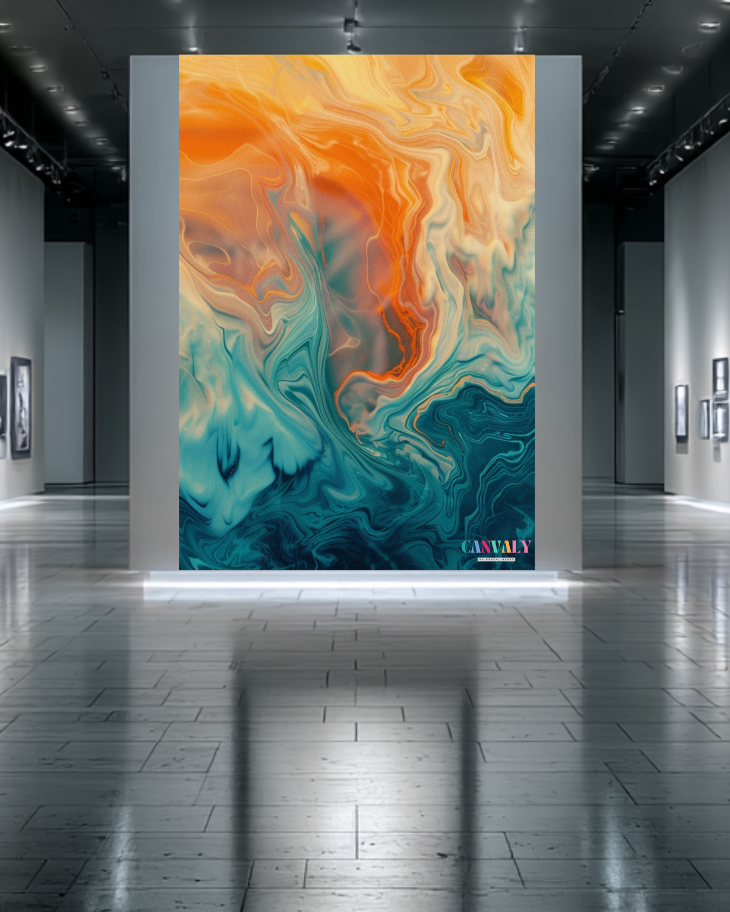 Abstract artwork with orange and blue colors displayed in a gallery setting.