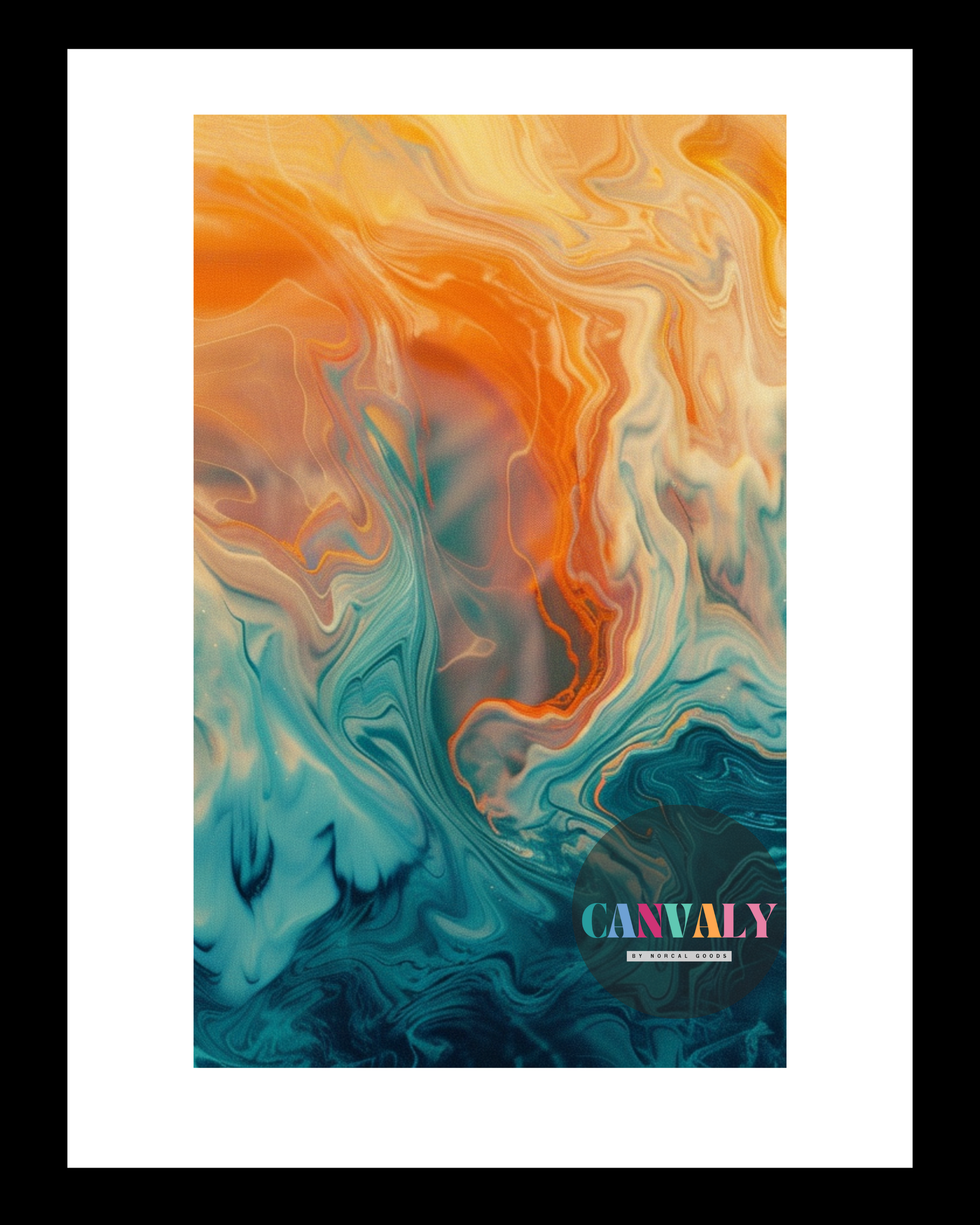 Abstract art print with swirling orange and blue colors on a white background, featuring the Canvly brand.
