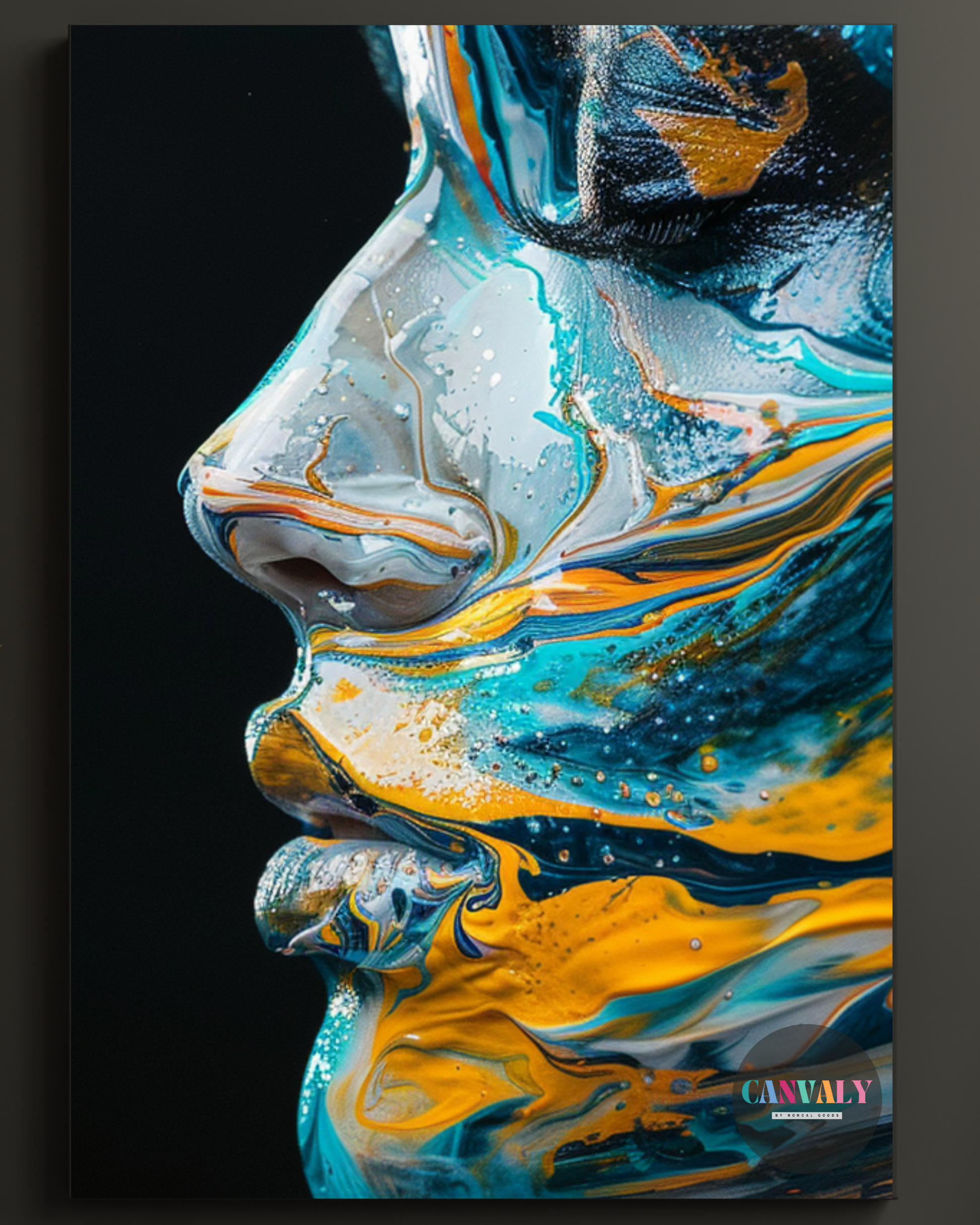 Abstract art of a face with blue, yellow, and gray colors on a black background