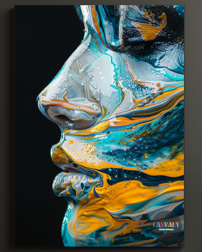 Abstract art of a face with blue, yellow, and gray colors on a black background