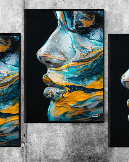 Abstract art of a face with blue and orange colors on a concrete wall.