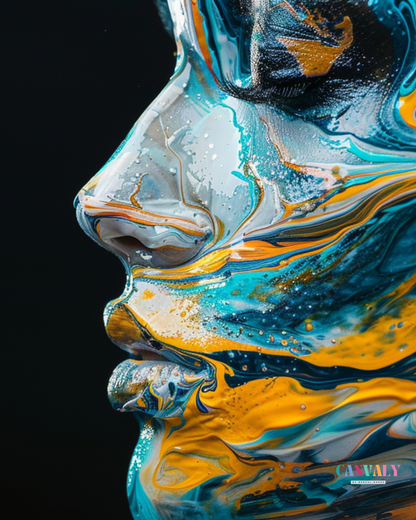Abstract art of a face with swirling colors on a black background