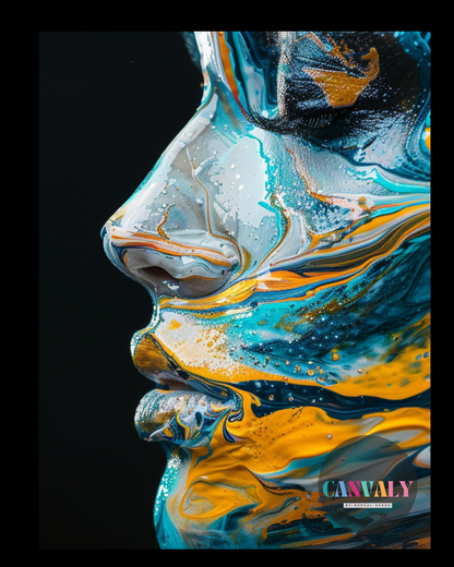Abstract art of a face with swirling colors on a black background, featuring the brand 'CANVAKY'.