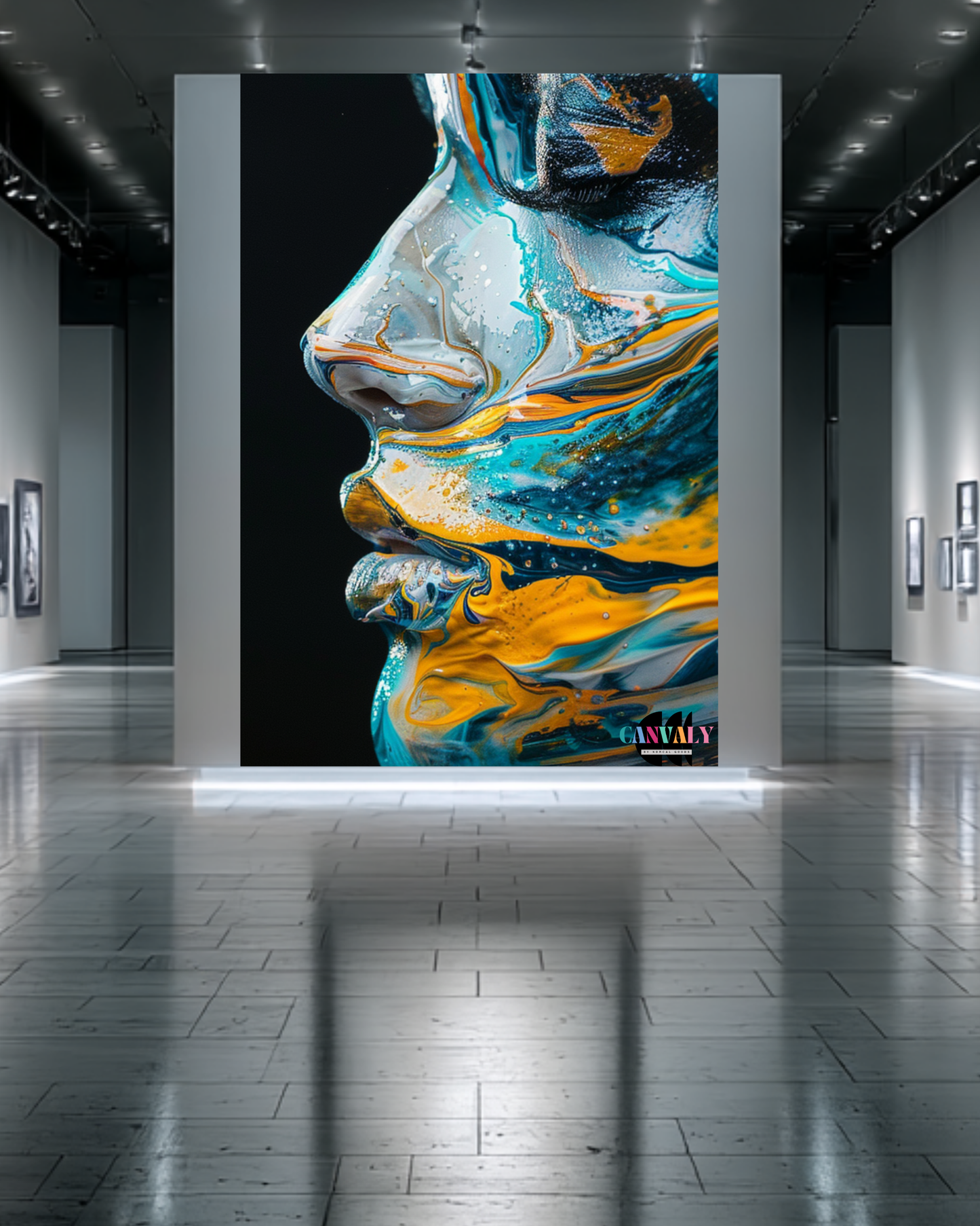 Abstract art of a face with blue and yellow colors displayed in an art gallery.