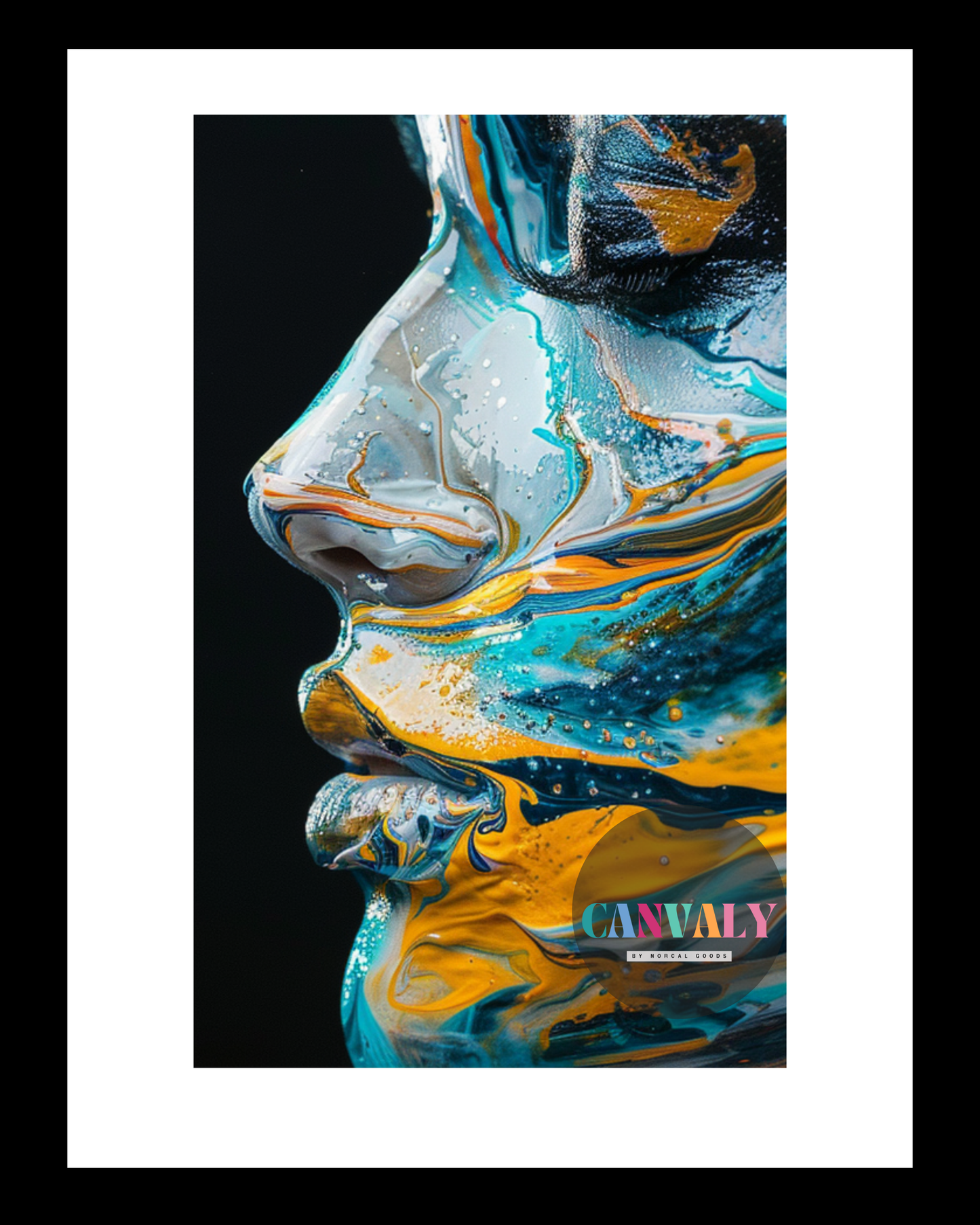 Abstract art print of a face with blue and orange colors on a black background, featuring the brand 'CANVA'.
