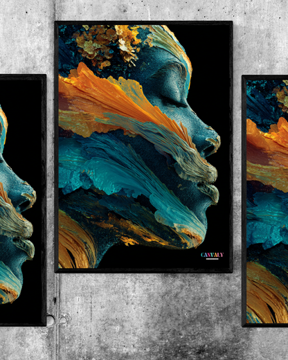 Abstract art print of a face with blue and orange colors on a concrete wall.