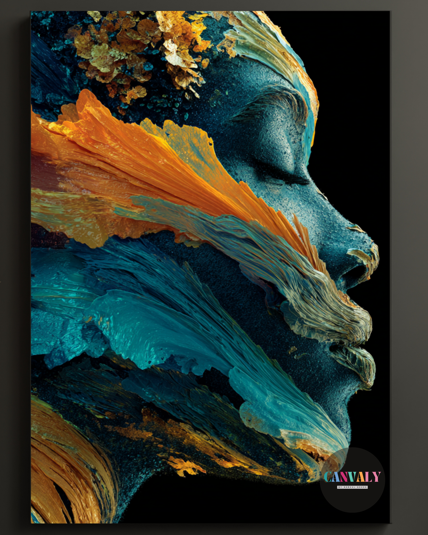 Close-up of a butterfly wing with orange and blue colors on a black background