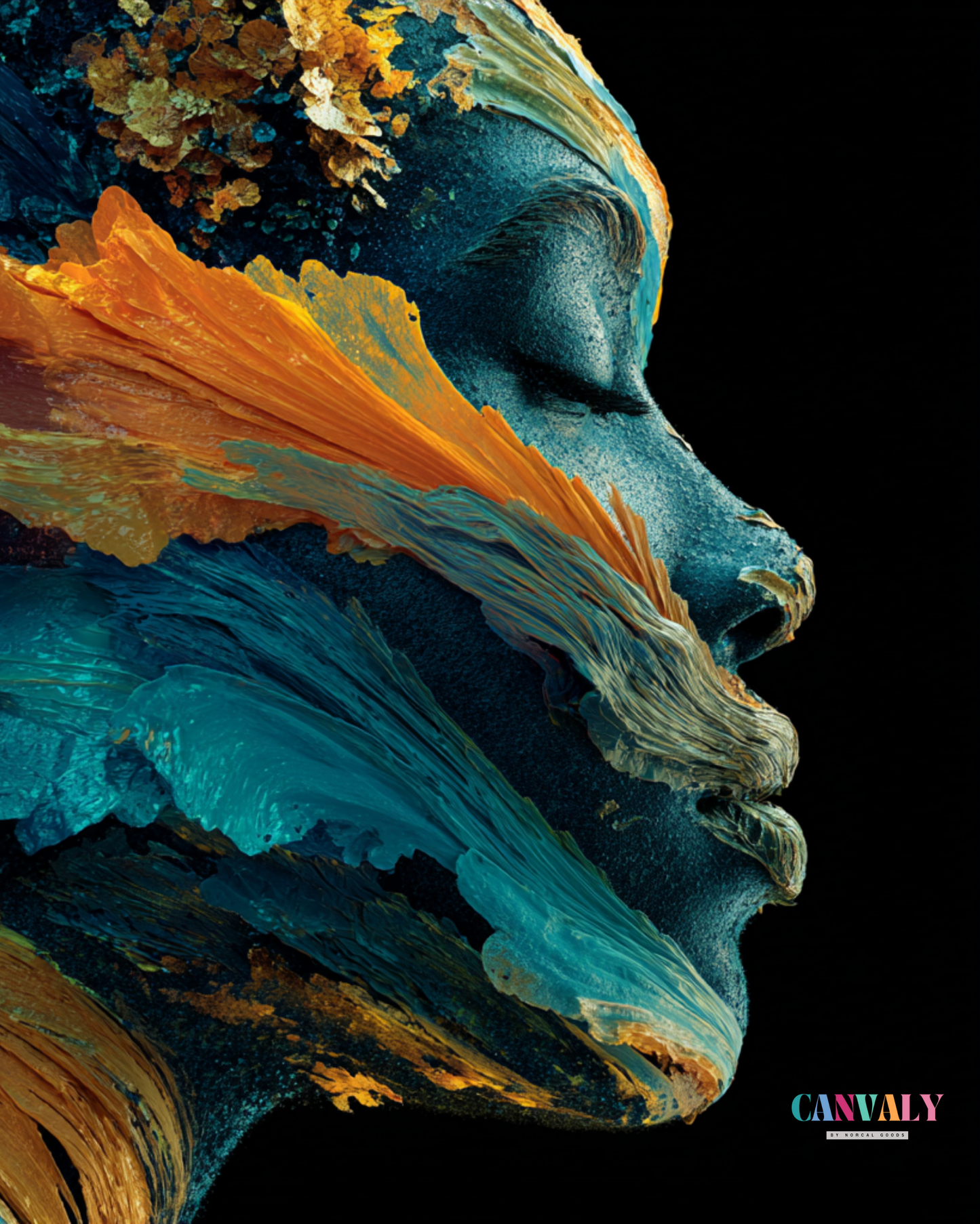 Abstract art of a face with orange and blue colors on a black background, featuring the brand 'CANVA'.