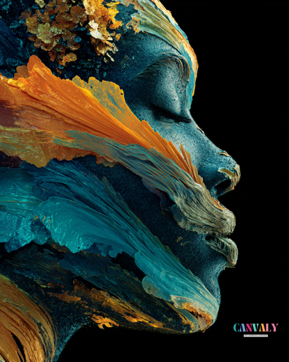 Abstract art of a face with orange and blue colors on a black background, featuring the brand 'CANVA'.