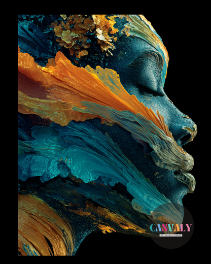 Abstract art of a face with orange, blue, and gray colors on a black background, featuring the Canvally logo.