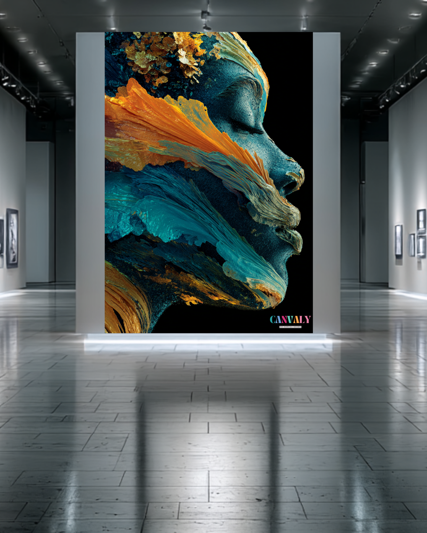 Abstract art painting of a face with blue and orange colors in a gallery setting.