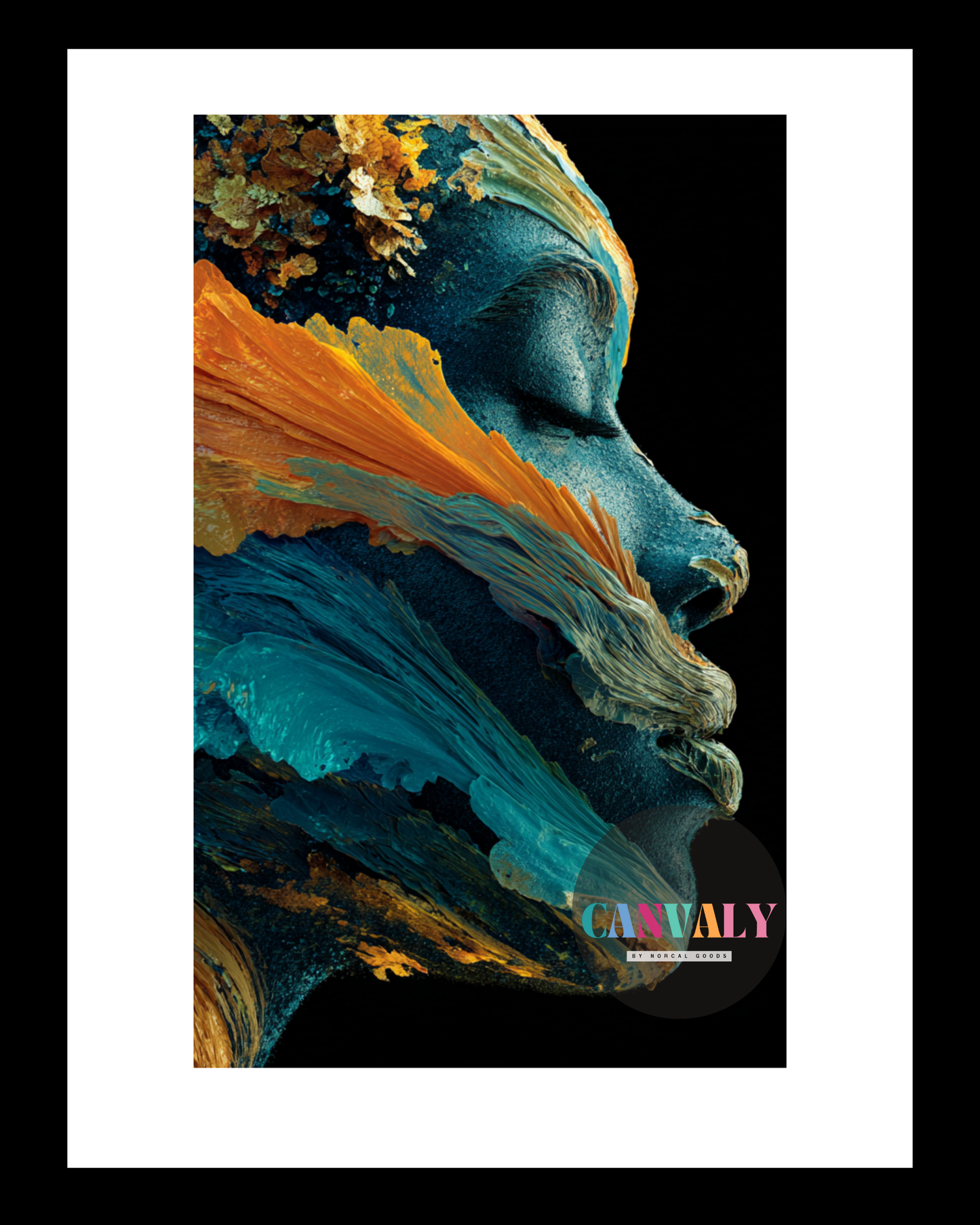 Colorful abstract art print with 'Carnival' branding on a black background