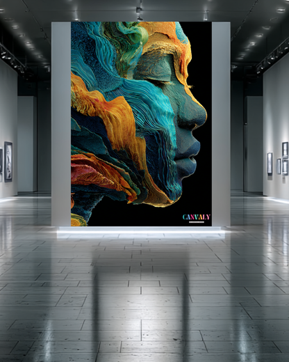 Colorful abstract sculpture of a face in an art gallery.