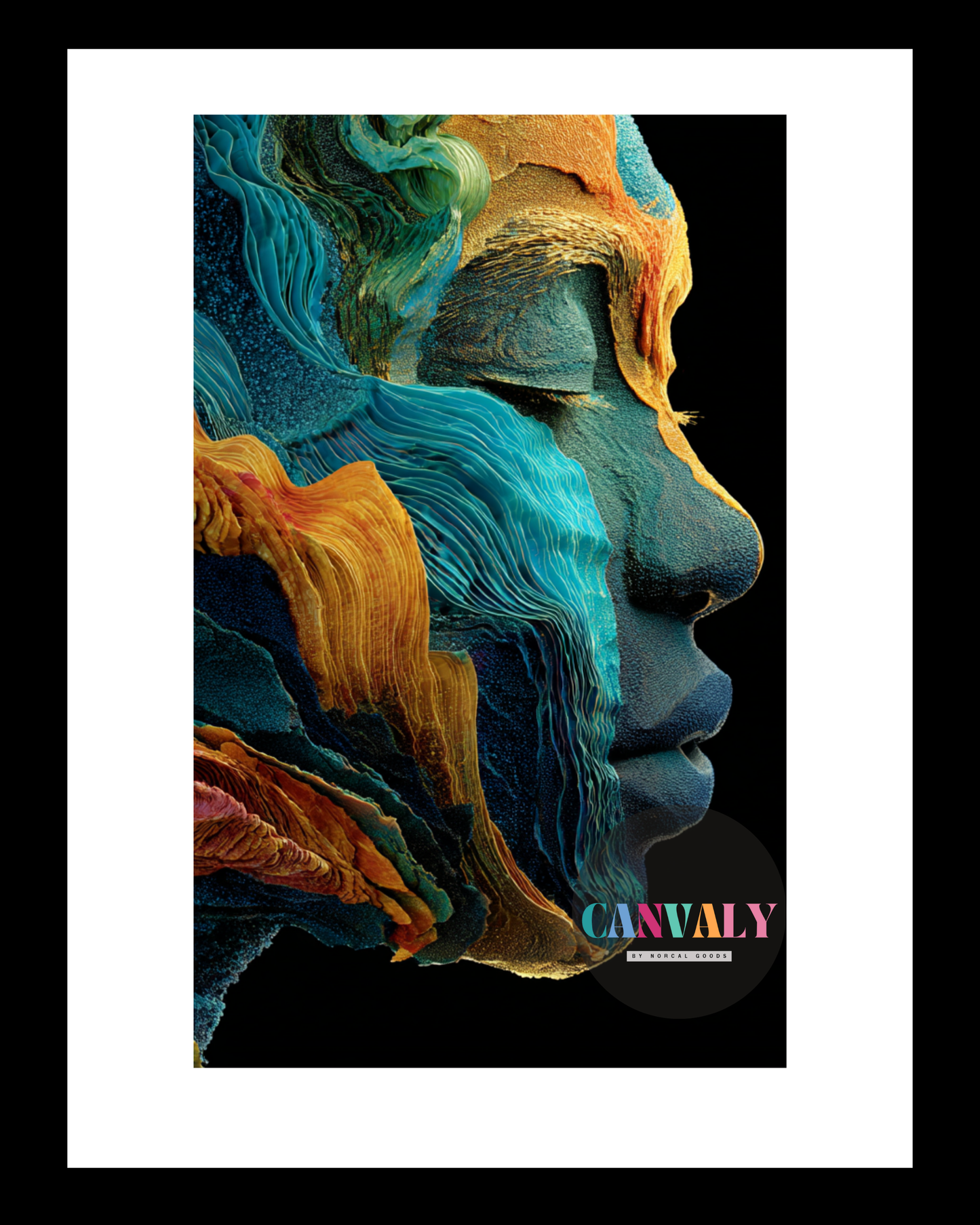 Colorful abstract art of a face with 'CANVA' logo on a black background