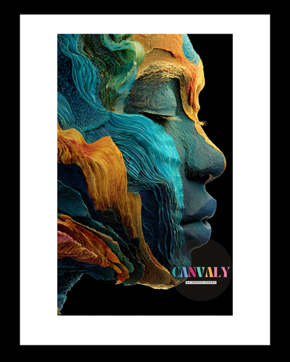 Colorful abstract art of a face with 'CANVA' logo on a black background
