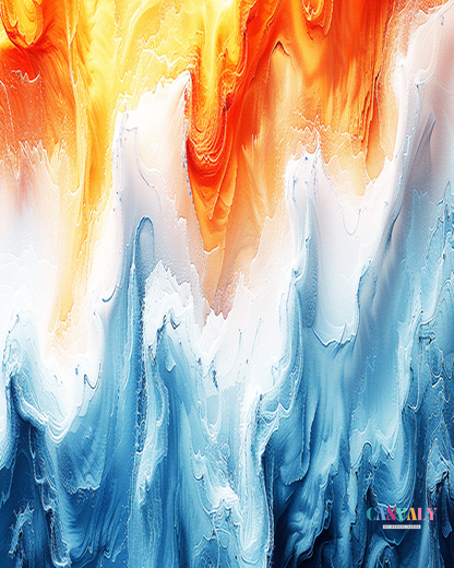 Abstract artwork with swirling colors of orange, blue, and white.